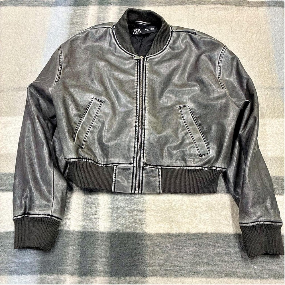 Zara charcoal worn-effect faux leather bomber jacket